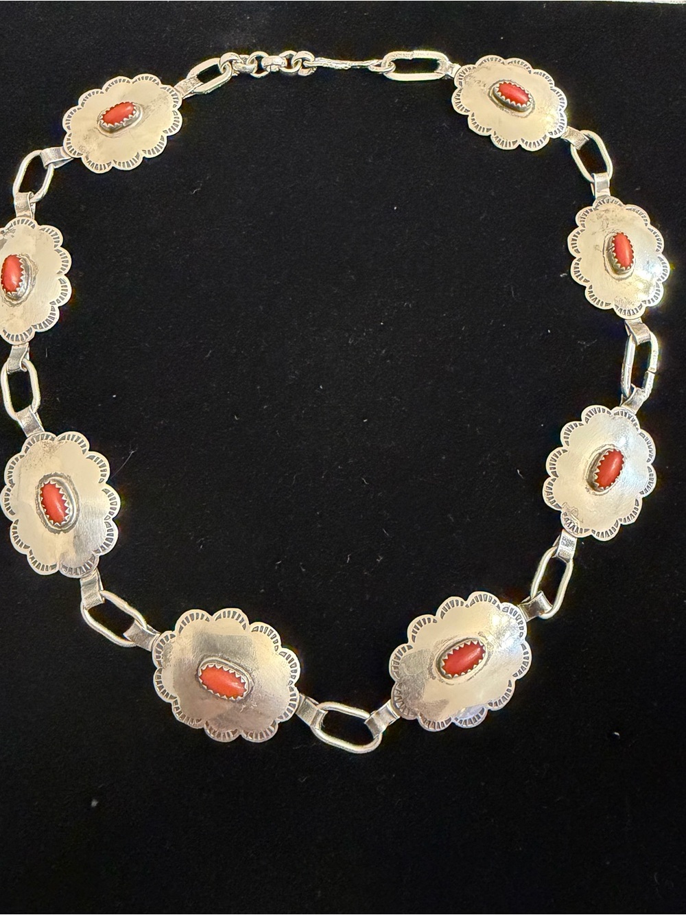 Rare Vintage Navajo Sterling Silver and Red Coral Concho Link Necklace